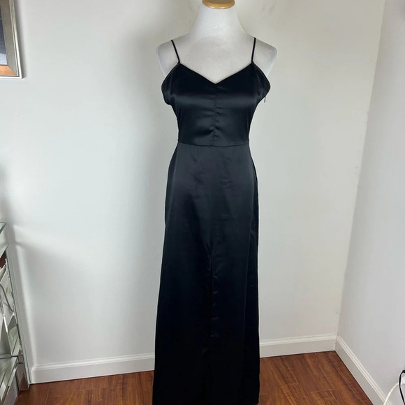 For Love and Lemons Satin Maxi Dress Slit Low Back Black Size M - Picture 3 of 6